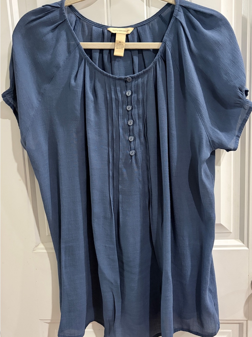 Bit & Bridle Slate Blue Pleated Button-Front Blouse WITH ruffle Sleeves XL